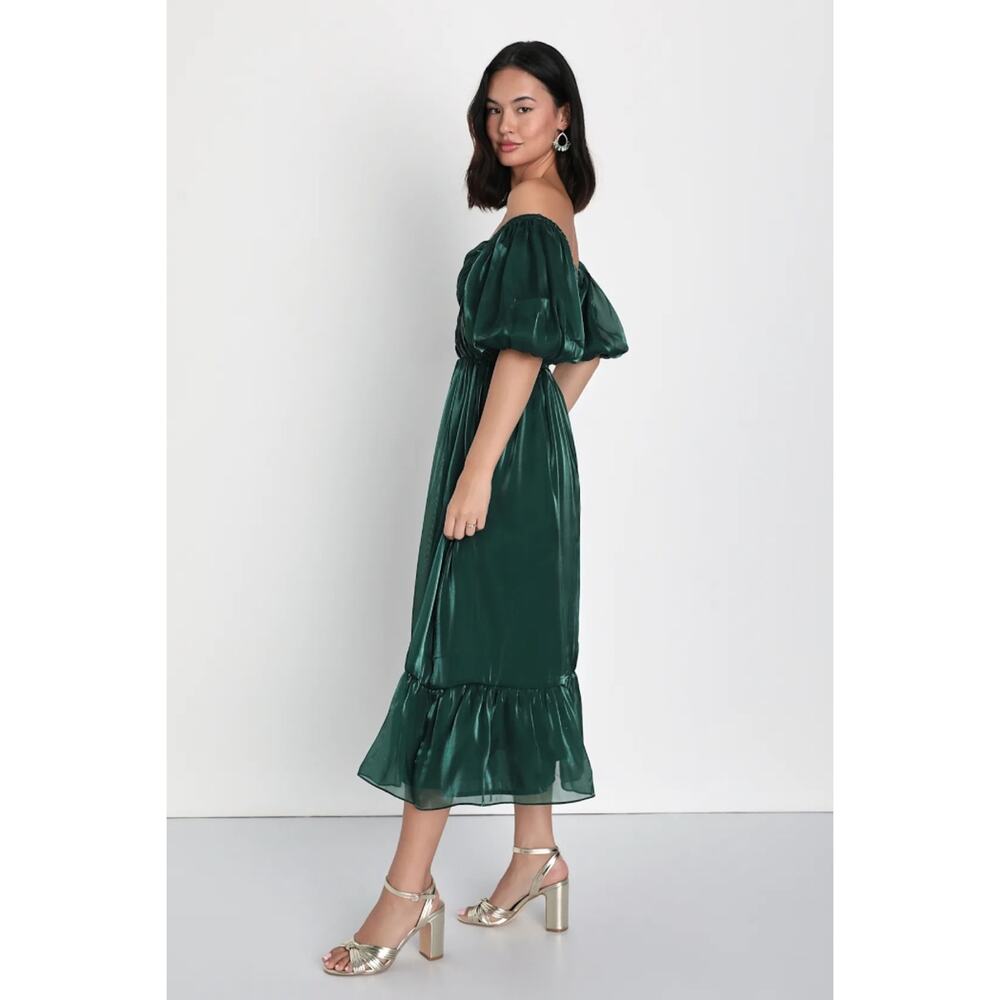 Lulus Remarkable Sensation Emerald Green Puff Sleeve Tiered Dress Party Small - Picture 5 of 10